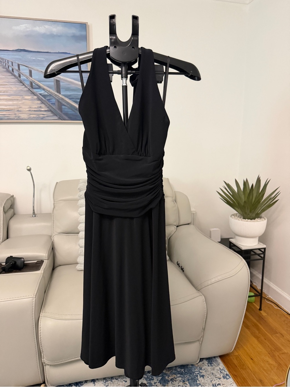 Halter Black V-Neck Ruched Waist Women's Dress